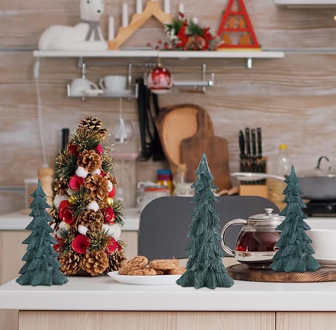 MEETYAMOR Christmas Decorations Indoor, Set of 3 Green Resin Christmas Tree Figurine for Table Decor, Farmhouse Rustic Xmas Decorations for Home, Table, Mantle, Shelf, Living Room
