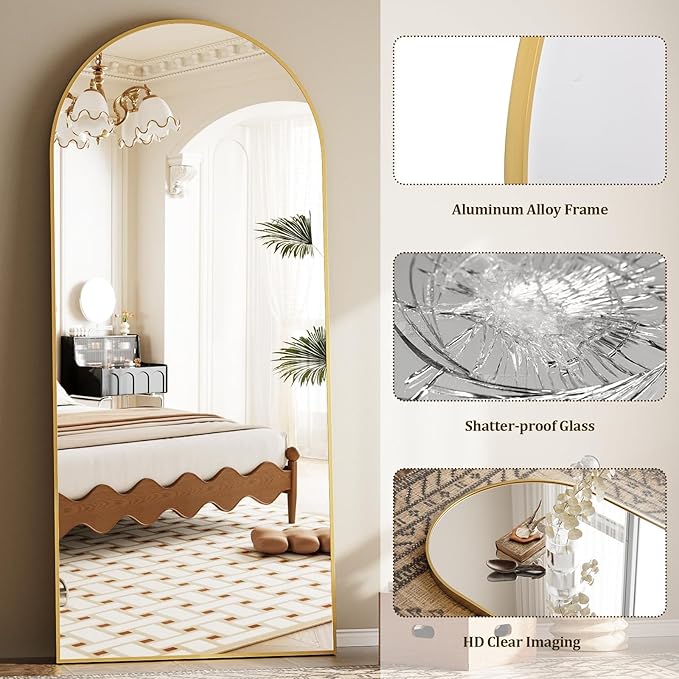 Arched Full Length Mirror, 78"x38" Large Floor Mirror with Stand, Oversized Full Body Mirrors for Standing/Leaning/Hanging, Wall Mounted Mirrors for Bedroom, Living Room,Dressing Room, Gold