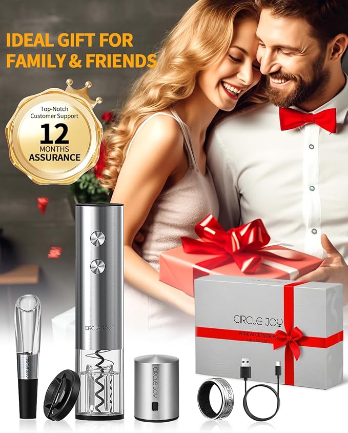 CIRCLE JOY Electric Wine Opener Rechargeable 5-in-1 Stainless Steel Wine Bottle Opener Premium Gift Set with Foil Cutter, Wine Aerator Pourer, Wine Drip Ring & Vacuum Stopper for Wine Lovers