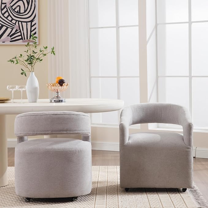 Modern Dining Chair, Upholstered Dining Room Chair with Casters Chenille Fabric Accent Chair for Dining Room Living Room, 1PC, Light Grey