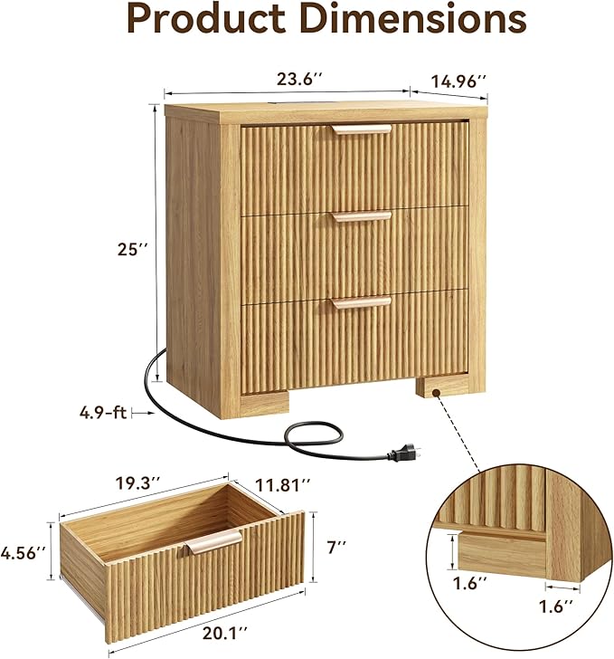 Fluted Nightstand Set of 2 with Charging Station, 23.6" Night Stand with 3 Drawers,End Table with Storage, Bed Side Table for Bedroom,Modern Nightstand for Living Room, Oak