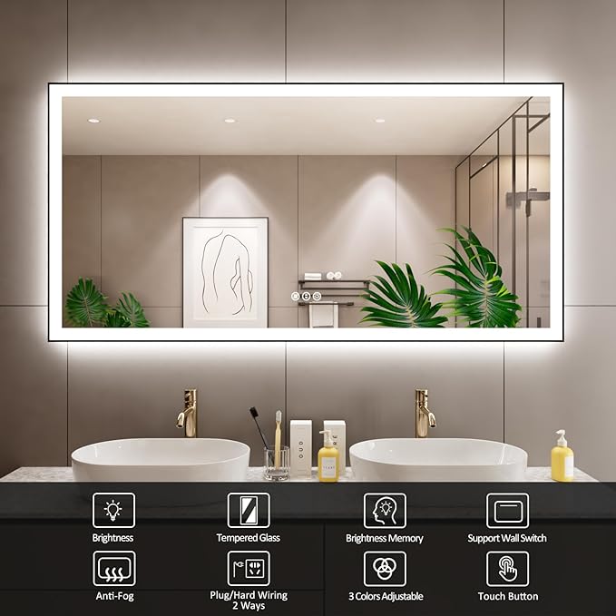 72x36 Inch LED Bathroom Mirror with Black Frame, Backlit and Front Lighted Bathroom Mirrors for Wall, Anti-Fog, Dimmable, Memory, Shatterproof, LED Vanity Mirror for Bathroom