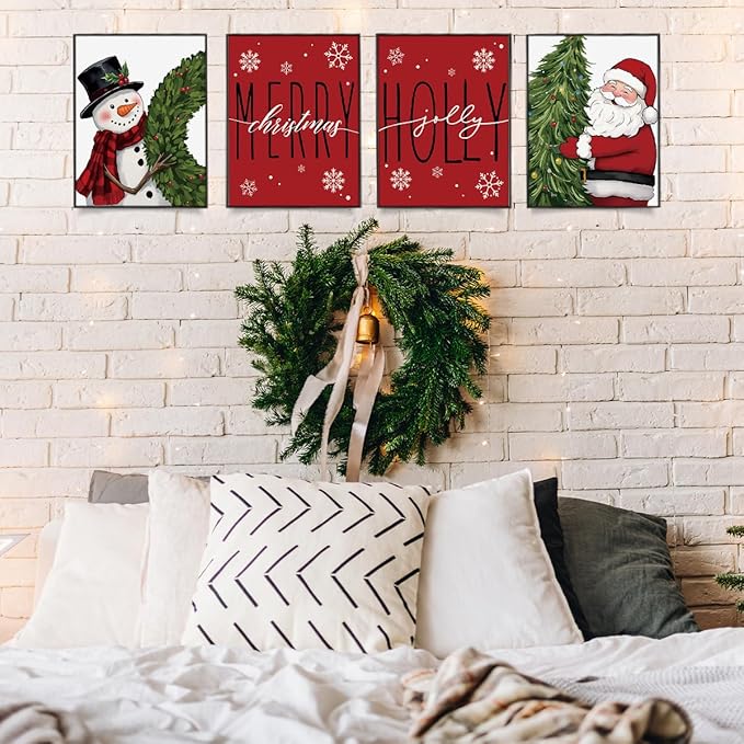 Wheatwin Christmas Decor, Merry Christmas Snowman Santa Claus Wall Art Prints Set of 4, Christmas Pictures Wall Decor for Farmhouse Living Room Bedroom Office, 8x10 (Unframed)