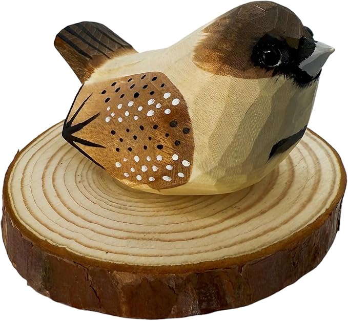 Wooden Bird Figurines Funny Desk Accessories Hand Carved Wood Decorative Small Birds Animal Miniature Statues Ornament for Home Room Decor (Brown Dots)