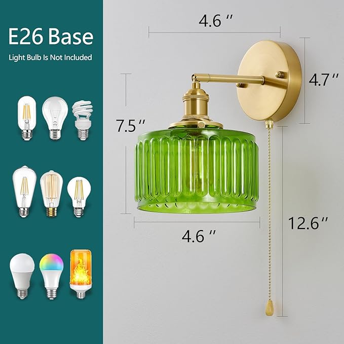 Vintage Wall Sconces with Pullswitch, 180 Degree Adjustable, Hradwired Modern Wall Lighting Fixture with Green Pumpkin Glass Lampshade for Bedroom Bedside Bathroom