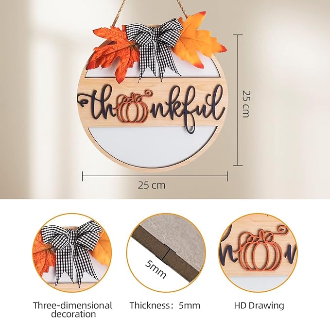 Thanksgiving Wood Sign for Front Door,Thankful Fall Door Hanging Decor,Thanksgiving Decorations Autumn Wooden Wall Decor for Thanksgiving Fall Harvest Home Farmhouse Outdoor Indoor(Maple Leaf wreath)