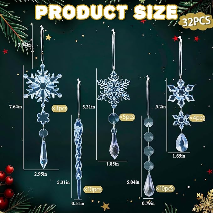 32pcs Crystal Christmas Ornaments for Christmas Tree Decorations-Blue Hanging Acrylic Snowflake and Icicle Ornaments with Drop Pendants for Xmas Winter Wonderland New Year Party Decorations Supplies
