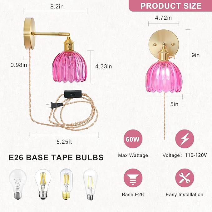 Plug in Wall Sconces Set of 2, Vintage Wall Sconce Light with Tulip Ruby Red Glass Lampshade, 180° Adjustable Wall Sconce with Switch and Plug in wall lamp Cord, Gold Wall Light Wall Decor Set of 2