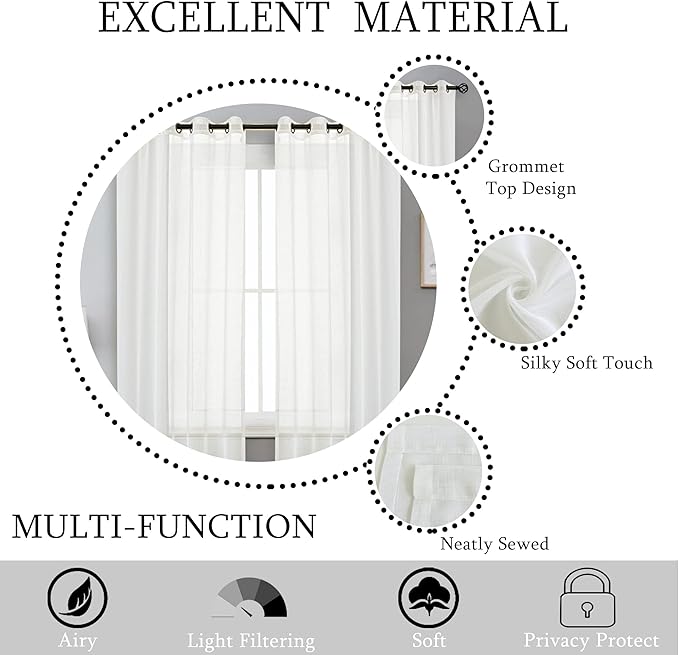 Randall Off White Linen Sheer Curtain Panel 72" Long Open Weave Faux Linen Window Treament Drape for Bedroom Farmhouse, Elegant Nickel Grommet Top, Sets of 2, 54x72 Inch