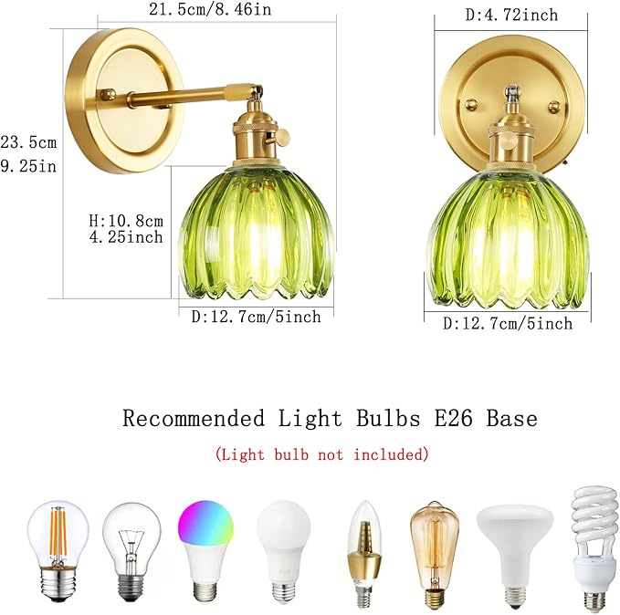 Vintage Wall Sconces Set of Two, 180 Degree Adjustable Brass Vanity Lights Fixture with Green Tulip Glass Lampshade, Hradwired Modern Wall Lighting for Bedside Bedroom Bathroom