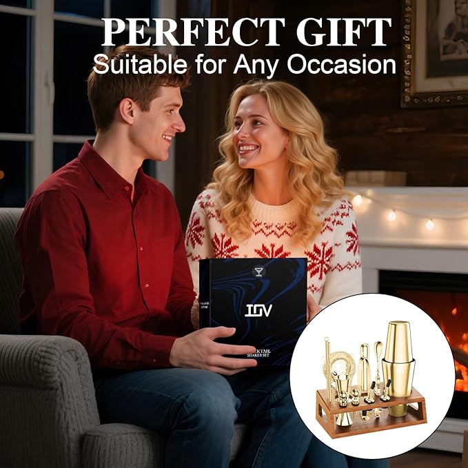 IOV Mixology Bartender Kit Bar Set with Stand | 17-Piece Cocktail Shaker Set | 28oz Boston Shaker Drink Mixer Set with All Essential Accessory Tools | Fun Housewarming Gift (Gold)