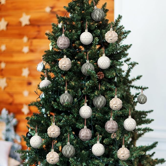 Syhood 12 Pcs Neutral Textured Christmas Ball Ornaments 2.4 Inch Vintage Xmas Tree Decorations Rustic Distressed Xmas Baubles Antique Farmhouse Modern Christmas Decor for Tree Home (Neutral)