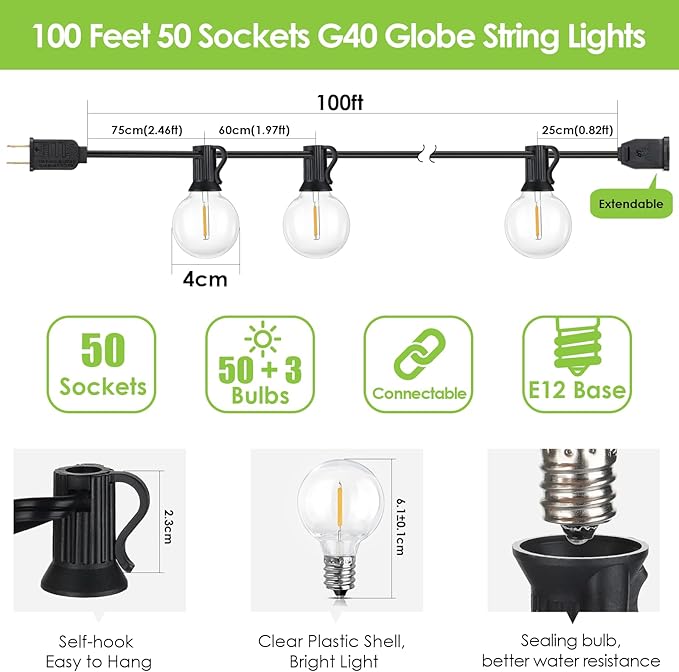 Mlambert 100Ft LED Outdoor String Lights, Dimmable Patio Lights, Waterproof Shatterproof 53 G40 Globe Bulb String for Backyard Bistro-Black 1 Pack