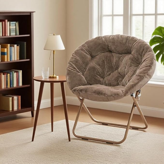 Magshion Saucer Chair for Adults, Comfy Living Room Lounge Chair for Bedroom Corner, Dorm, Apartment, Faux Fur Fluffy Circle Accent Seat with Thick Padded & Folding Metal Frame (Beige)