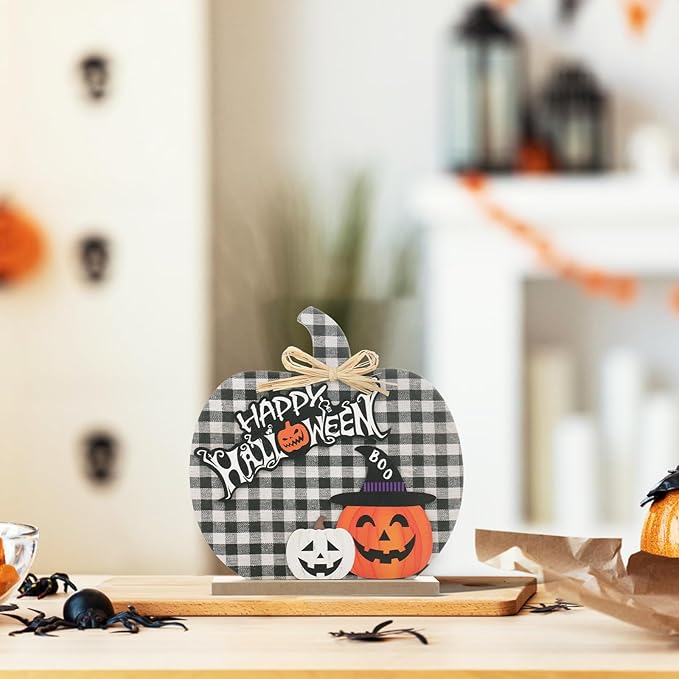 Super Holiday Halloween Pumpkin Decorations, 11"/28CM Wooden Buffalo Plaid Tabletop Decorations, for Home Farmhouse Living Room Indoor Party Decor.