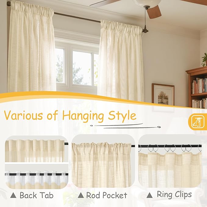 YoungsTex Beige Linen Semi Sheer Curtains 40 Inch Length for Kitchen Window, Short Drapes Textured Light Filtering with Rod Pocket Back Tab for Cafe Bathroom Bedroom, 2 Panels, 42 X 40 Inch