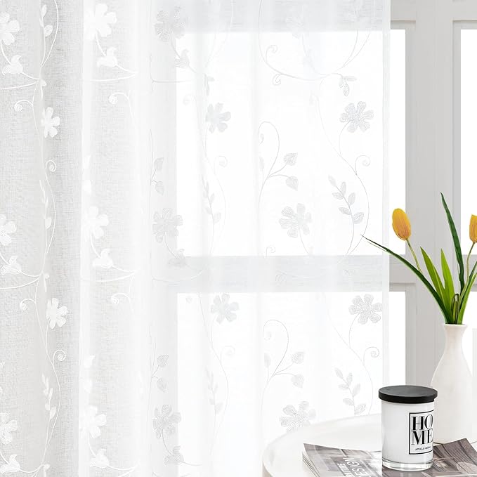 HOMEIDEAS White Sheer Curtains 96 Inches Long 2 Panels White Embroidered Floral Pattern Semi Sheer Window Curtains for Bedroom Living Room
