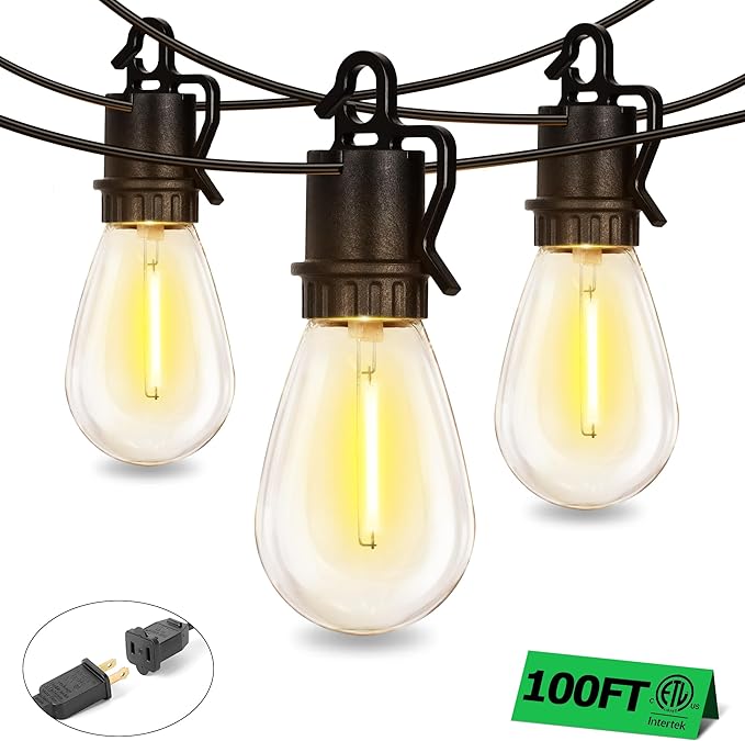 100FT Outdoor String Lights with 52 Shatterproof S14 Vintage Edison Bulbs E12 Sockets,2700K Dimmable Outdoor Lights,IP55 Waterproof LED String Lights for Outside, Patio, Garden, Backyard,Bistro