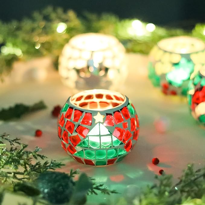 4 PCS Mosaic Glass Tealight Votive Candle Holders - Red & Green Christmas Table Centerpiece Decorations for Indoor/Outdoor Holiday Decor