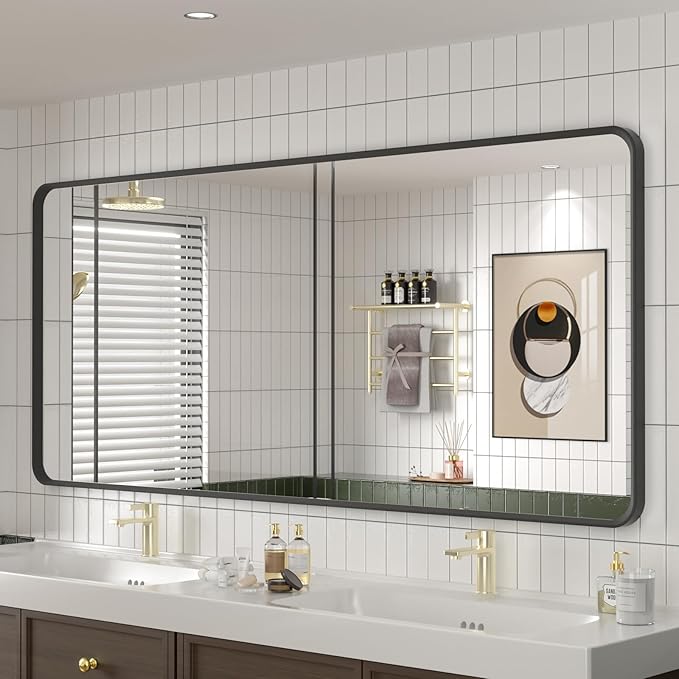 OKPAL 60X28 Inch Black Metal Framed Bathroom Mirror for Wall, Matte Black Bathroom Vanity Mirror, Large Rounded Rectangle Modern Mirror, Rustproof, Shatterproof (Horizontal/Vertical)