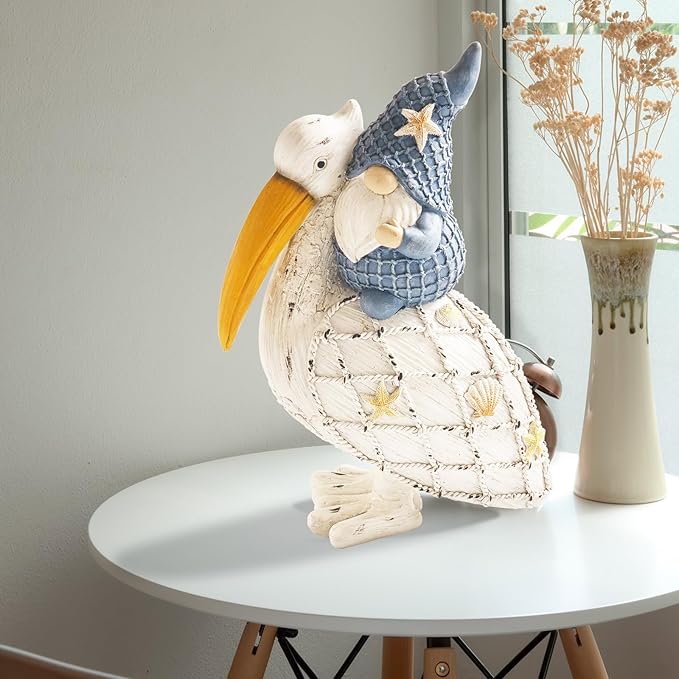 11.5in Pelican Gnome Figurine Decor, Resin Beach Coastal Statue for Home Table, Summer Theme Pool Garden Yard Ornaments Outdoor Gifts