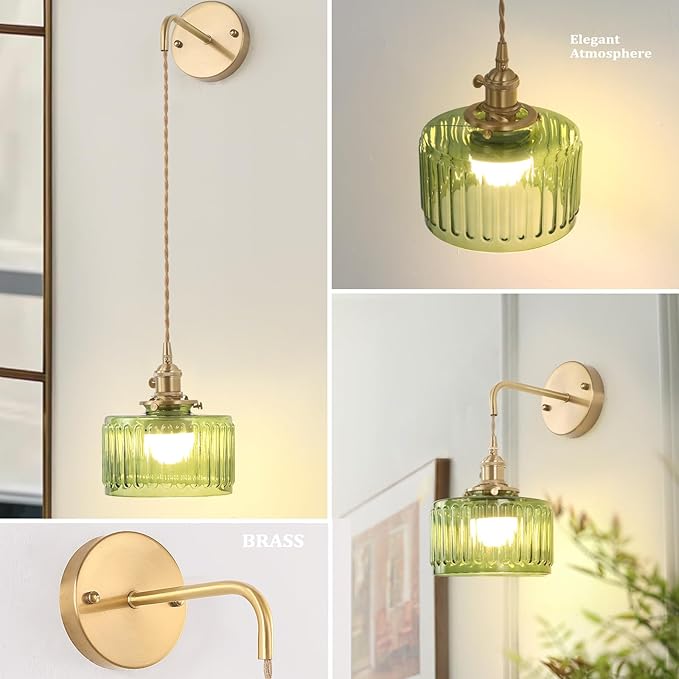 Battery Operated Wall Sconce with Green Striped Shade Pattern Glass Adjustable Chain Retro Gold Wall Mounted Light, Modern Wall Lamp Fixtures Decor for Bedside Bedroom Indoor Doorway