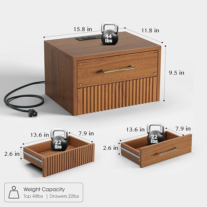 Floating Nightstand Set of 2 with Charging Station, Mid Century Modern Wood Wall Mounted Bedside Table with Storage Drawers & Fluted End Table for Bedroom, Home Small Space, Cherry, 2 PCS
