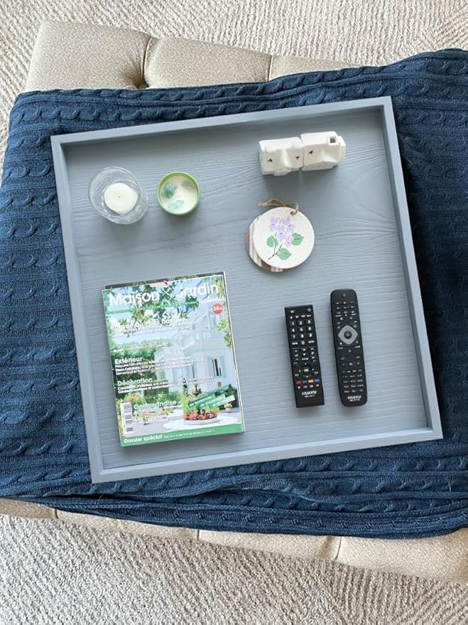 Square Ottoman Table Tray 24" - Rustic Wooden Serving Tray for Farmhouse Decorative Oversized Coffee Table Trays Living Room Kitchen Counter Breakfast Grey