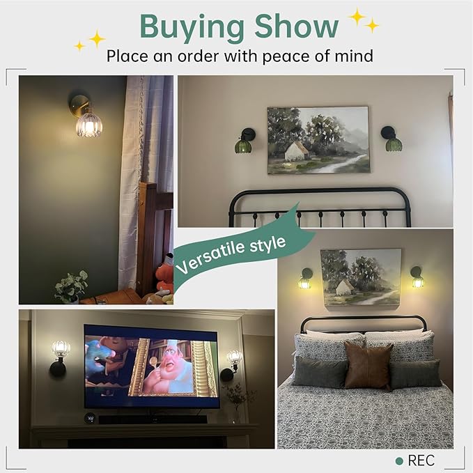 Vintage Battery Operated Wall Sconce with Cute Transparent Tulip Glass Lampshade Wireless Rechargeable Battery Powered Black Wall Light with Remote Control for Bedside Bedroom Doorway