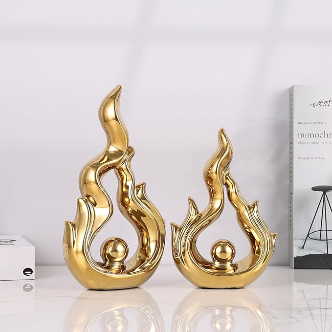 2 Pcs Gold Ceramic Sculptures for Home Decor, Modern Abstract Art Statues, Centerpieces for Dining Room Table, Living Room, Shelf, Mantel, Coffee Table, Entryway Accent Decorations