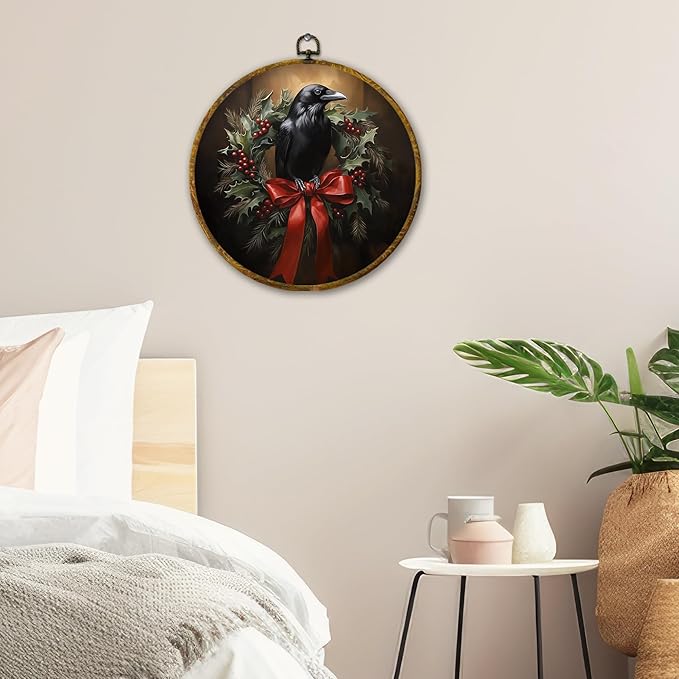 QZQE Christmas Raven Round Wall Art Decor Framed, Dark Academia Moody Crow Circle Canvas Prints, Gothic Rustic Holiday Xmas Crow Circular Wall Hanging Decor for Home Bedroom Living Room, 10x10 Inch