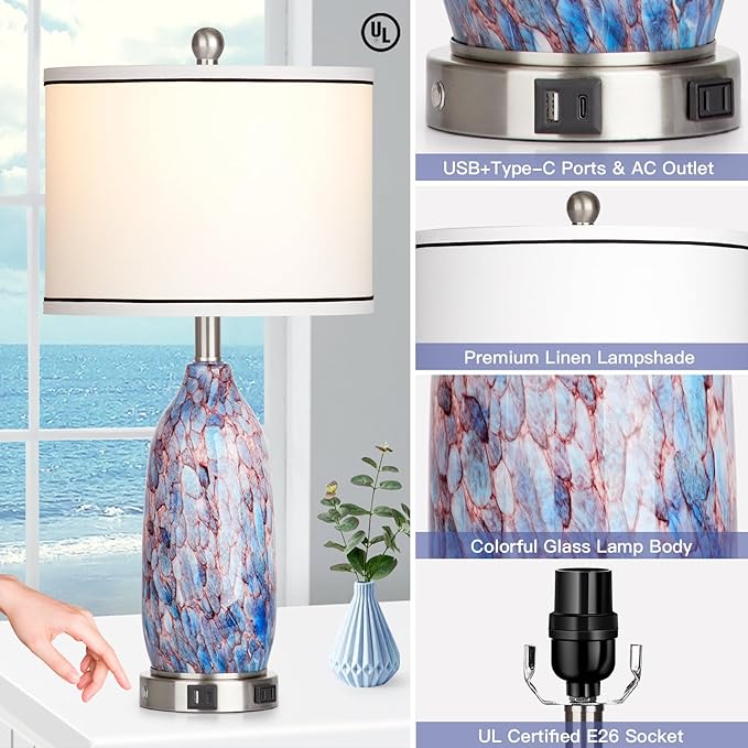 26" Coastal Glass Table Lamps Set of 2,Nautical lamp with USB A+C Ports & AC Outlet,Bule Bedside Lamps with 3-Way Dimmable Touch Control Night Light for Bedroom Living Room(Bulbs Included)