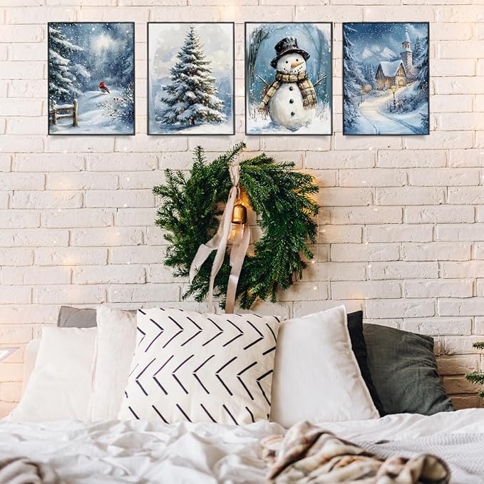 Wheatwin Winter Wonderland Vintage Christmas Wall Art Prints Set of 4, Blue Christmas Tree Snowman Wall Decor, Winter Xmas Decor for Home Bedroom Living Room, 8x10 (Unframed)