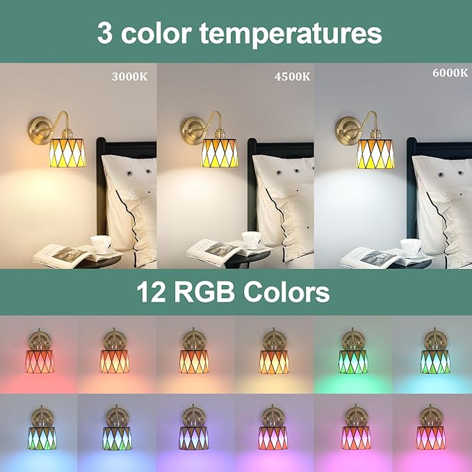 Vintage Battery Operated Wall Sconce Set of 2, 5000mAh Rechargeable Wall Lamp 12 RGB Colors Dimmable, Gold Lights Fixture for Bedroom Bathroom Living Room Hallway Orange Checker