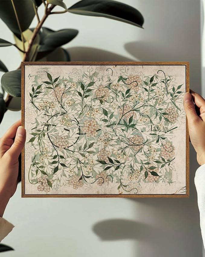 KISSFOX Vintage Floral Framed Wall Art Boho Green Beige Botanical Mandala Canvas Wall Art William Morris Farmhouse Natural Paintings Artwork Rustic Art Prints For Bedroom Bathroom Living Room