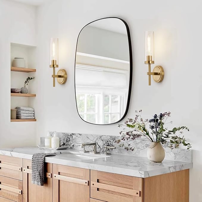 Hardwired Gold Wall Sconces Set of 2, Modern Bathroom Sconces Wall Lighting Vanity Light Fixtures with Clear Glass, Brushed Brass Wall Decor Lights for Mirror Living Room Bedroom Hallway Stairwell