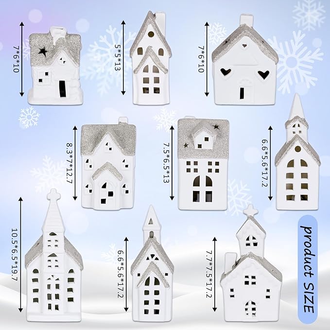 Set of 28 Ceramic Christmas Village Sets 9 Pieces White House with 17 Pieces Snow Tree 2 Lamp Vintage Christmas Decoration for Mantle Table Top Decor (Classic)