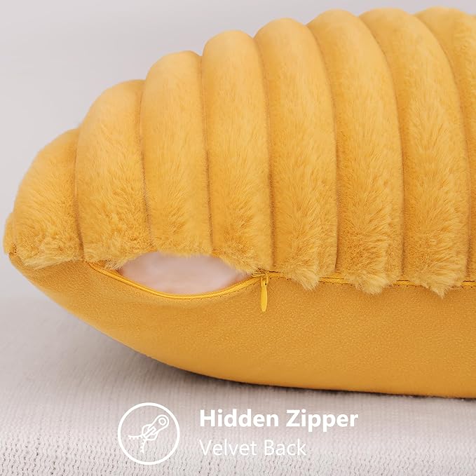 decorUhome Faux Fur Throw Pillow Covers 24x24 Set of 2, Decorative Soft Plush Striped Neutral Couch Euro Pillow Covers with Velvet Back for Sofa, Bed, Living Room Home Decor, Mustard Yellow