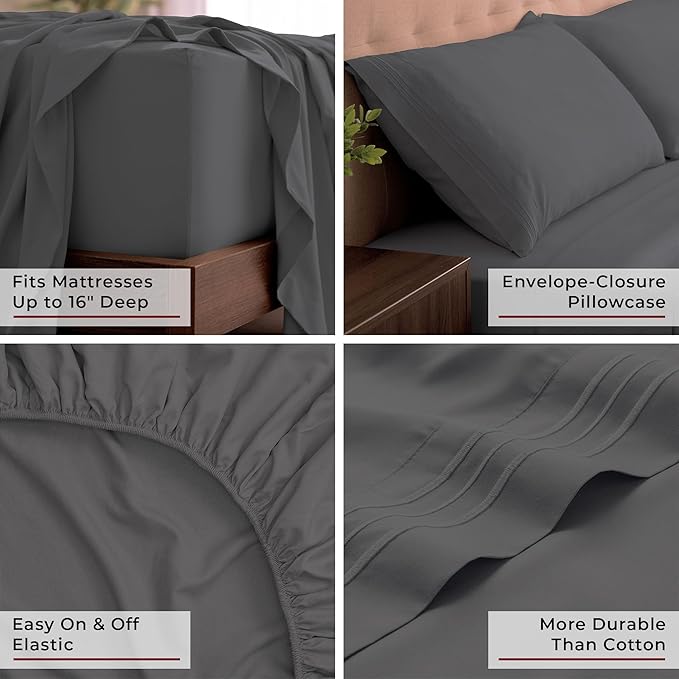 Mellanni King Sheets Set - 4 PC Iconic Collection Bedding - Hotel Luxury, Extra Soft, Cooling Bed Sheets - Wrinkle, Fade, Stain Resistant (King, Gray)