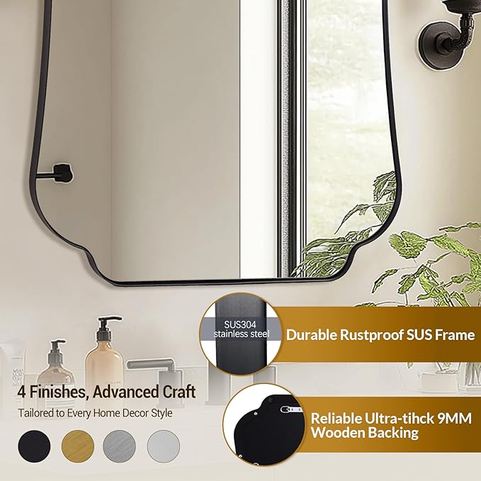 ANDY STAR Bathroom Vanity Mirror, 24x32 Matte Black Rectangle Mirror with Scalloped Round Corner, Vintage Asymmetrical Metal Wall Mirror for Entryway, Living Room
