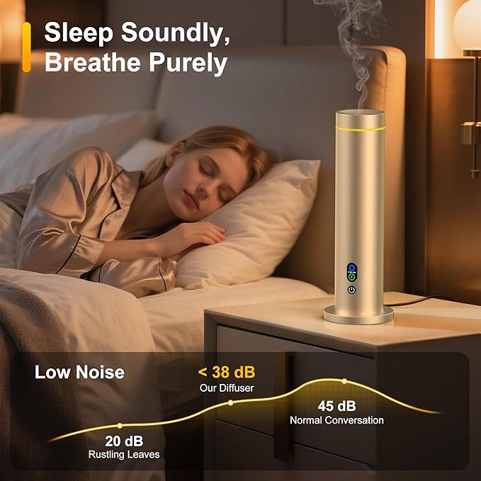 Waterless Diffuser, 1000 Sq.Ft Coverage, Essential Oil Diffuser with Tilt-Safe, Remote Control, Adjustable Mist Mode, Mood Lights Aromatherapy Diffuser for Home, Large Room, Office, Hotel, Gold