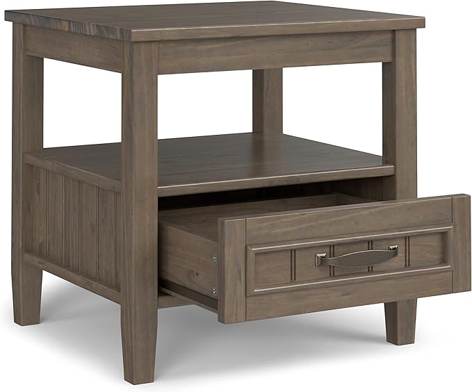SIMPLIHOME Lev SOLID WOOD 20 Inch Wide Rectangle Transitional End Table with Bottom Drawer in Smoky Brown, For the Living Room and Bedroom