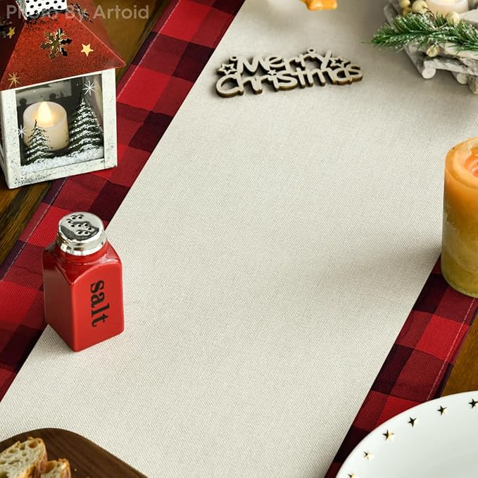 Artoid Mode Watercolor Red and Black Buffalo Plaid Christmas Trees Merry Xmas Table Runner, Seasonal Winter Holiday Kitchen Dining Table Decoration for Indoor Outdoor Home Party Decor 13 x 60 Inch