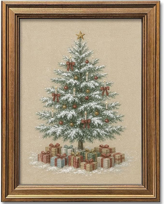 Christmas Tree Wall Art Vintage Gold Framed Wall Decor Rustic Winter Picture Painting for Farmhouse Home Living Room Decor Gift (Christmas Tree, 12L" x 9.5W")