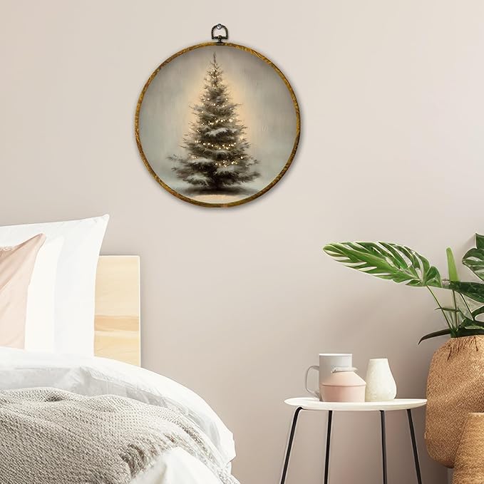QZQE Vintage Christmas Tree Round Wall Art Decor Framed, Winter Xmas Tree Circle Canvas Prints, Rustic Cozy Winter Cottagecore Circular Wall Hanging Decor for Home Bedroom Living Room, 10x10 Inch