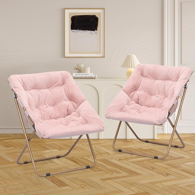 Athena Collection Saucer Chair for Adult, Square Comfy Cozy Chair Folding Chair Faux Fur Metal Frame Foldable Reading Chair Accent Chair for Bed Room Living Room Set of 2, Pink