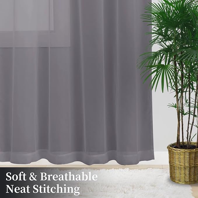 Sheer Curtains 72 Inches Long 2 Panels, Rod Pocket Short Curtain for Kitchen, Bedroom, Cafe Window(Grey 38" W x 72" L)