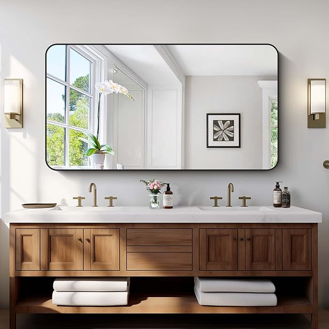 Bathroom Mirror, 30"x55" Black Rectangle Wall Mirror, Metal Frame Rounded Corner Vanity Mirror, Large Wall Mounted Mirror for Modern Bedroom Living Room Horizontal Or Vertical Mounting