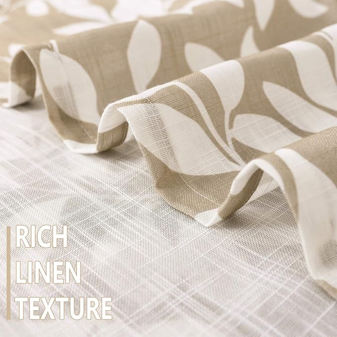 Print Semi Sheer Leaf Curtains for Living Room 52" x 54" White and Taupe Curtain Panels for Windows, 2 Pack, Taupe, Grommet Top