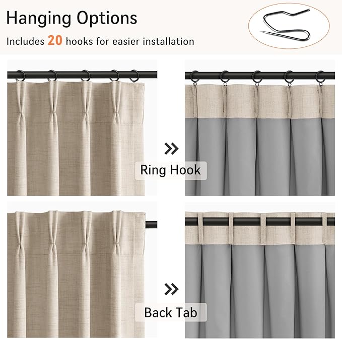 100% Blackout Shield Linen Look Textured Pinch Pleated Curtains Blackout Drapes 102 Inch Long 2 Panels Set, Faux Linen Blackout Curtains for Bedroom & Living Room, 40" W x 102" L, Oatmeal